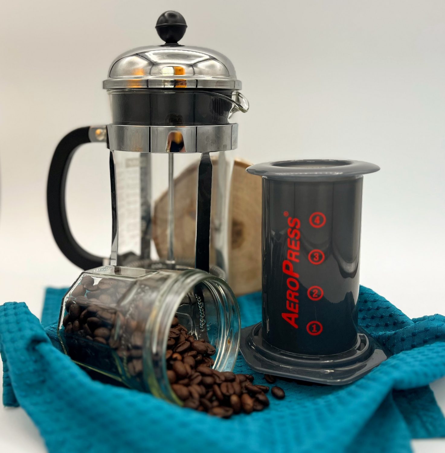 french-press-and-aeropress-and-coffee-beans