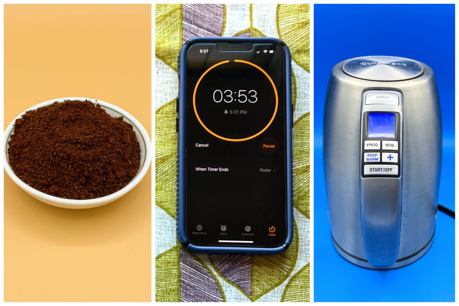 coffee-grounds-phone-timer-and-kettle