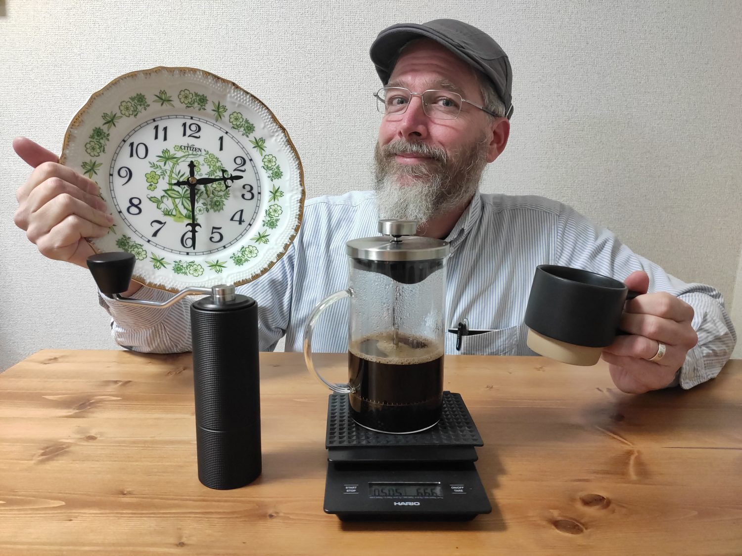 james-with-french-press-and-clock